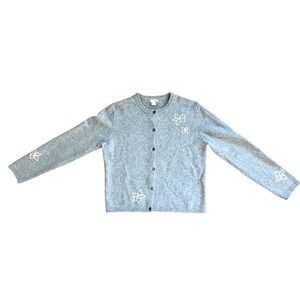 J. Crew Gray Lambswool Cardigan Sweater Floral Stitching Size Medium